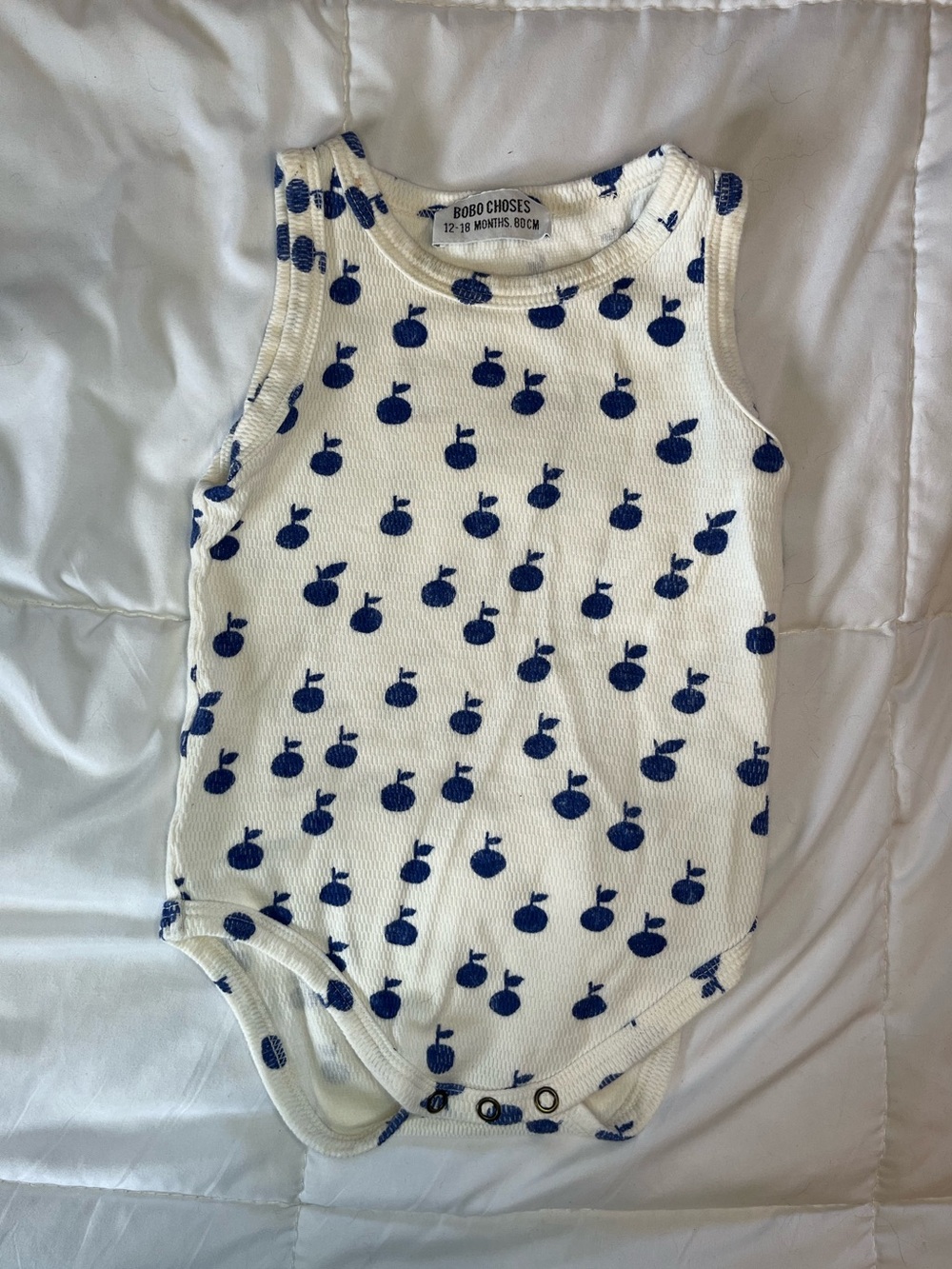 Bobo Choses Cream Ribbed One-Piece with Navy Apple Print